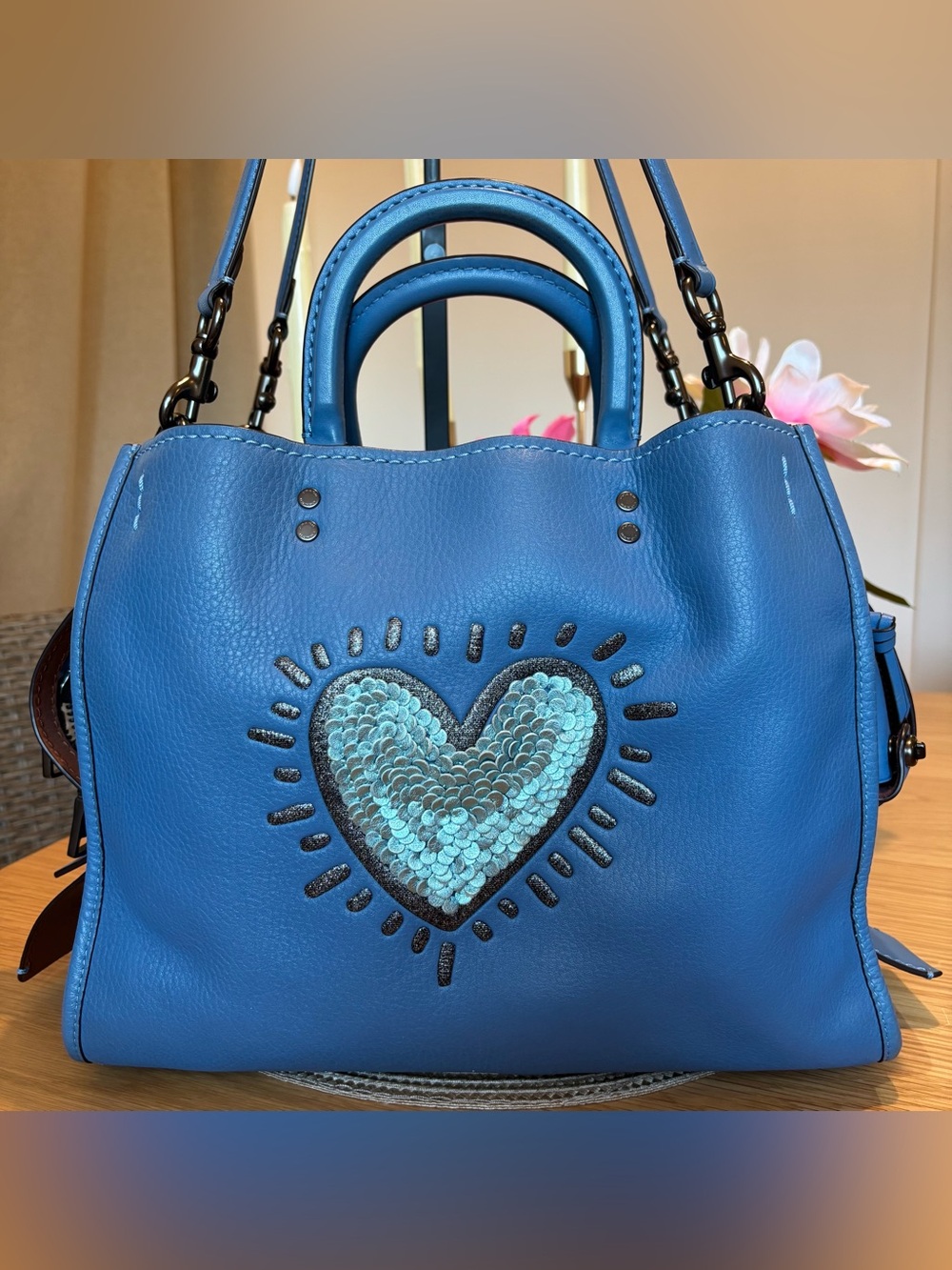 COACH X KEITH HARING BLUE PEBBLE LEATHER SEQUIN HEART ROGUE SATCHEL